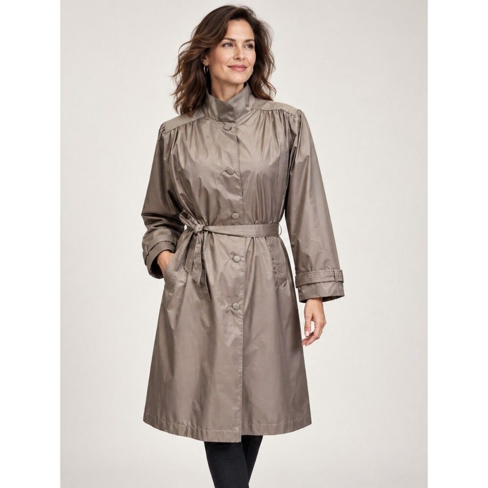 EUC Vintage Taupe Belted Trench Coat, Stand Collar All-Weather Coat, 80s 90s 12P